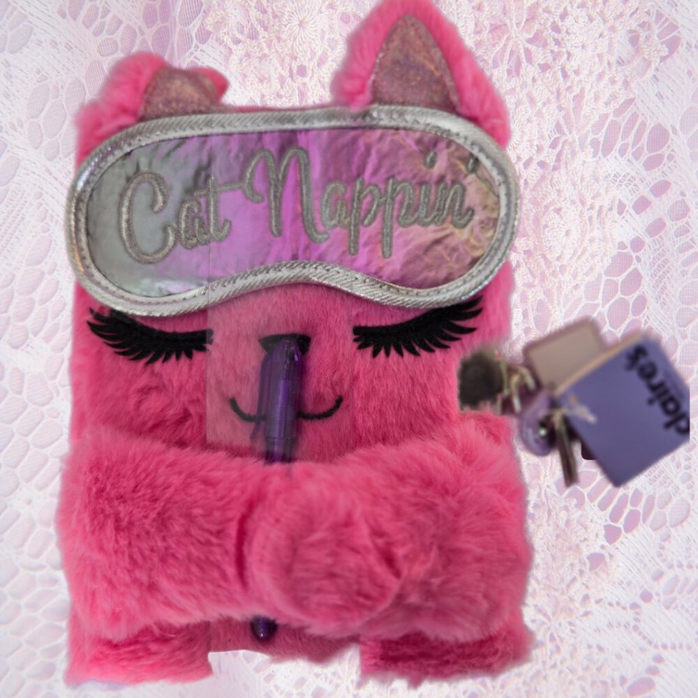 Claire's Pink Plush Cat Nappin Journal Diary Notes Set Kidcore Kawaii Cute Gift